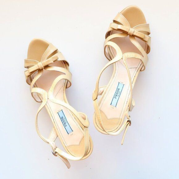Prada Pale Yellow Patent Leather Strappy Platform Heels Sandals w Bow Size 7.5 - Picture 13 of 16